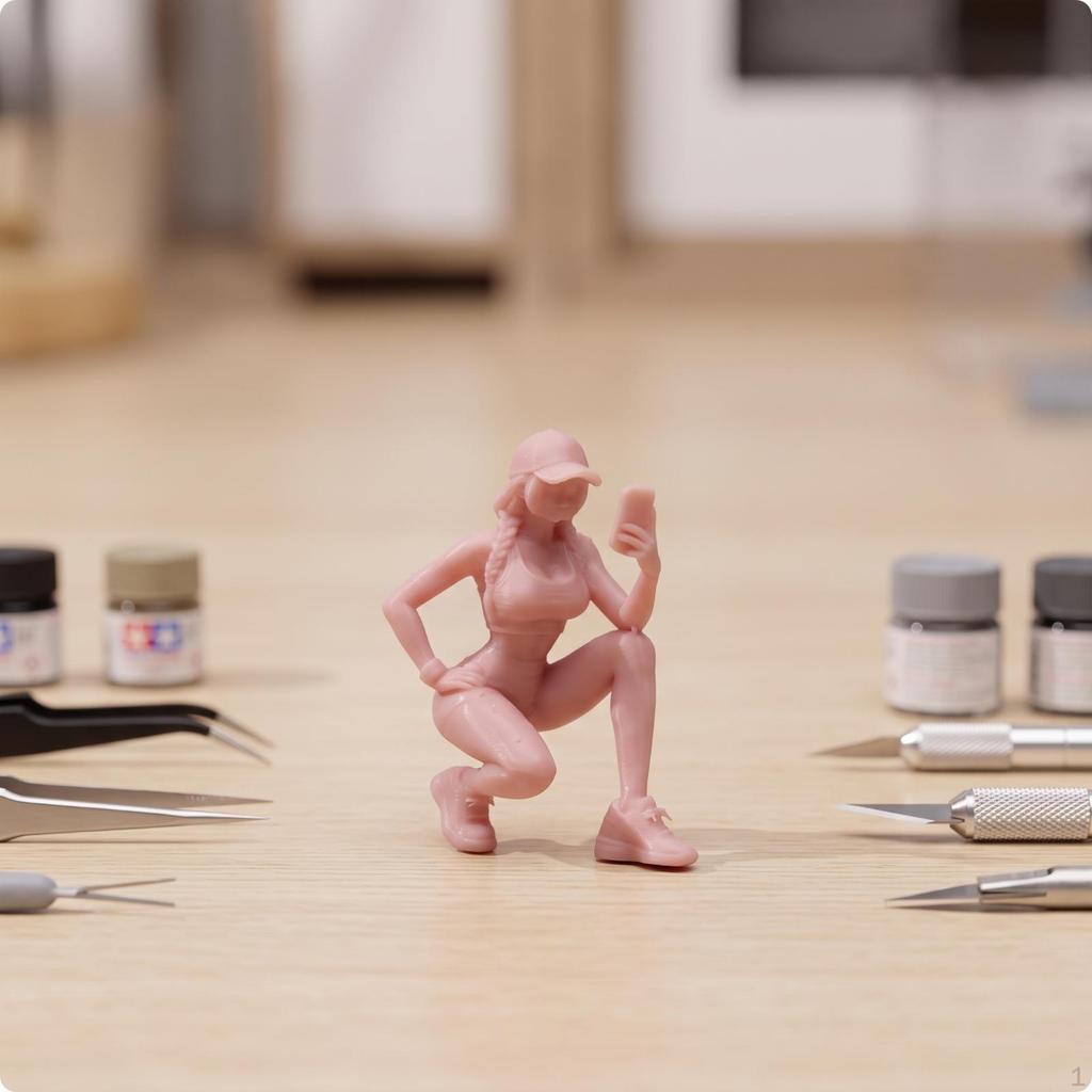 Crouching Figure with Smartphone | Compact 1/64 Scale Design, Detailed Resin Construction, Female