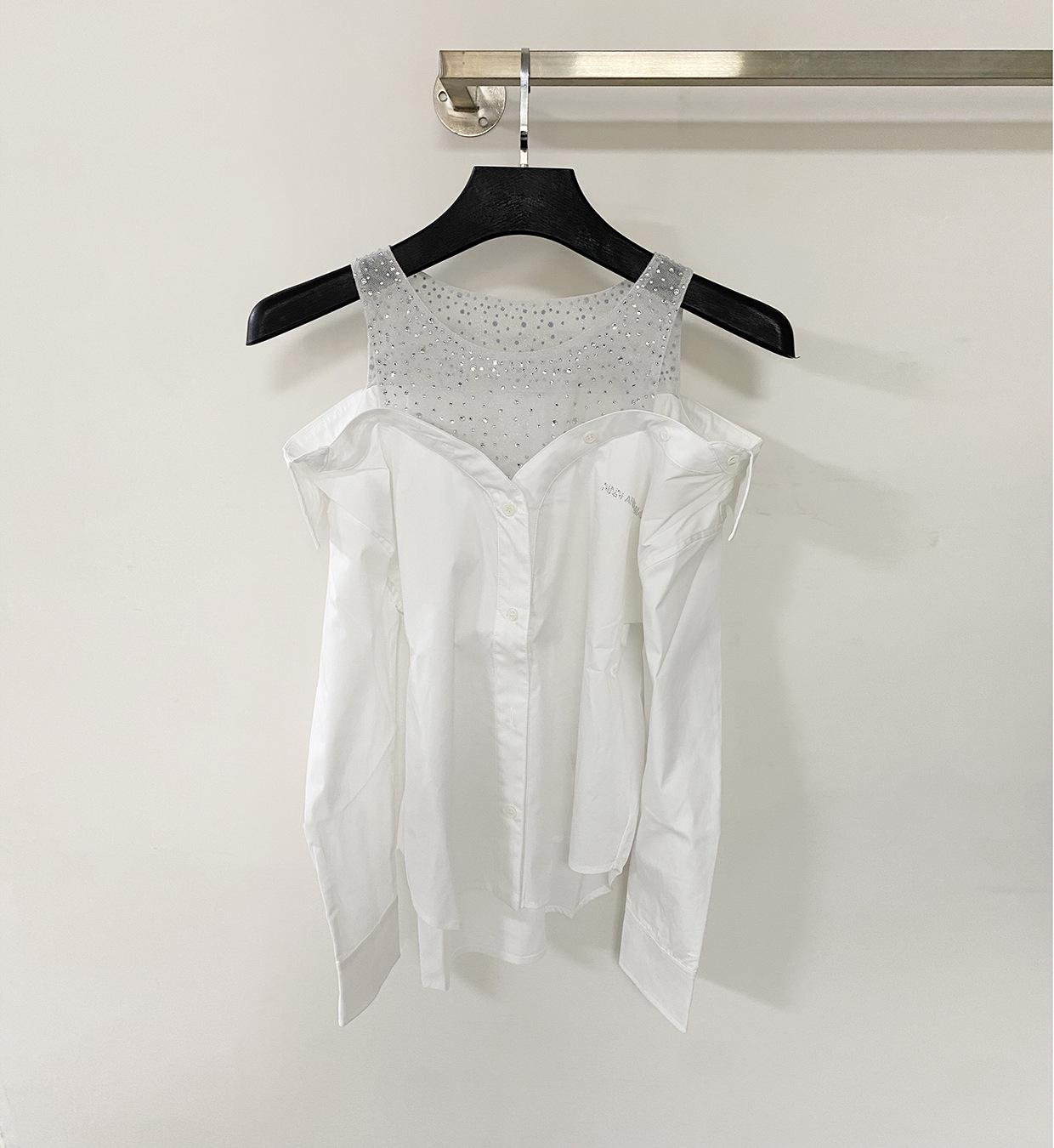 Elegant Rhinestone Mesh Patchwork One-Shoulder Long-Sleeved Top Medium белый