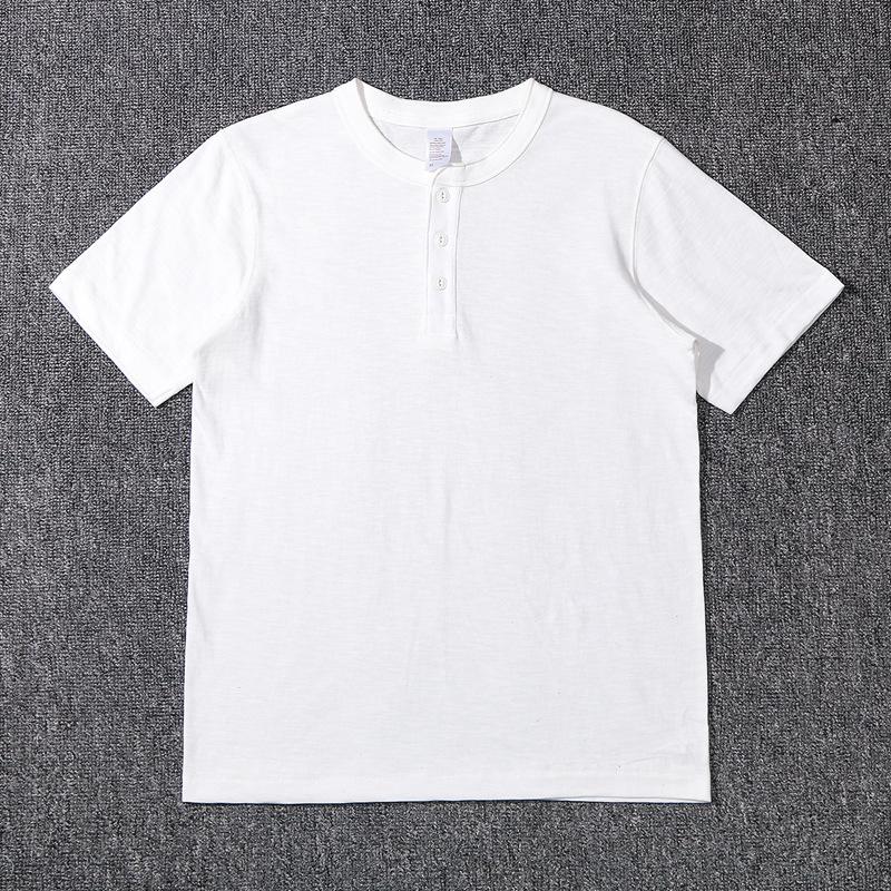 Heavyweight Slub Cotton Men‘s T-Shirt Henley Neck American Vintage Loose Soft Undershirt Summer