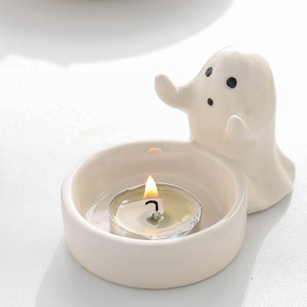 Sturdy Ceramic Ghost Candlestick Cartoon Ghost Cute Candle Holder Non-slip Halloween Candlestick Halloween Decoration