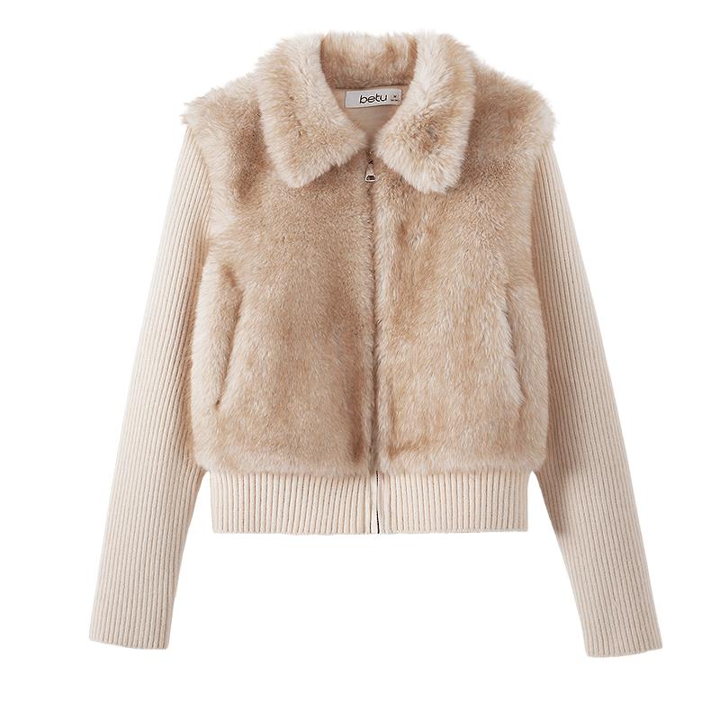 Betu Women's Faux Fur Panel Knit Zip-Up Jacket