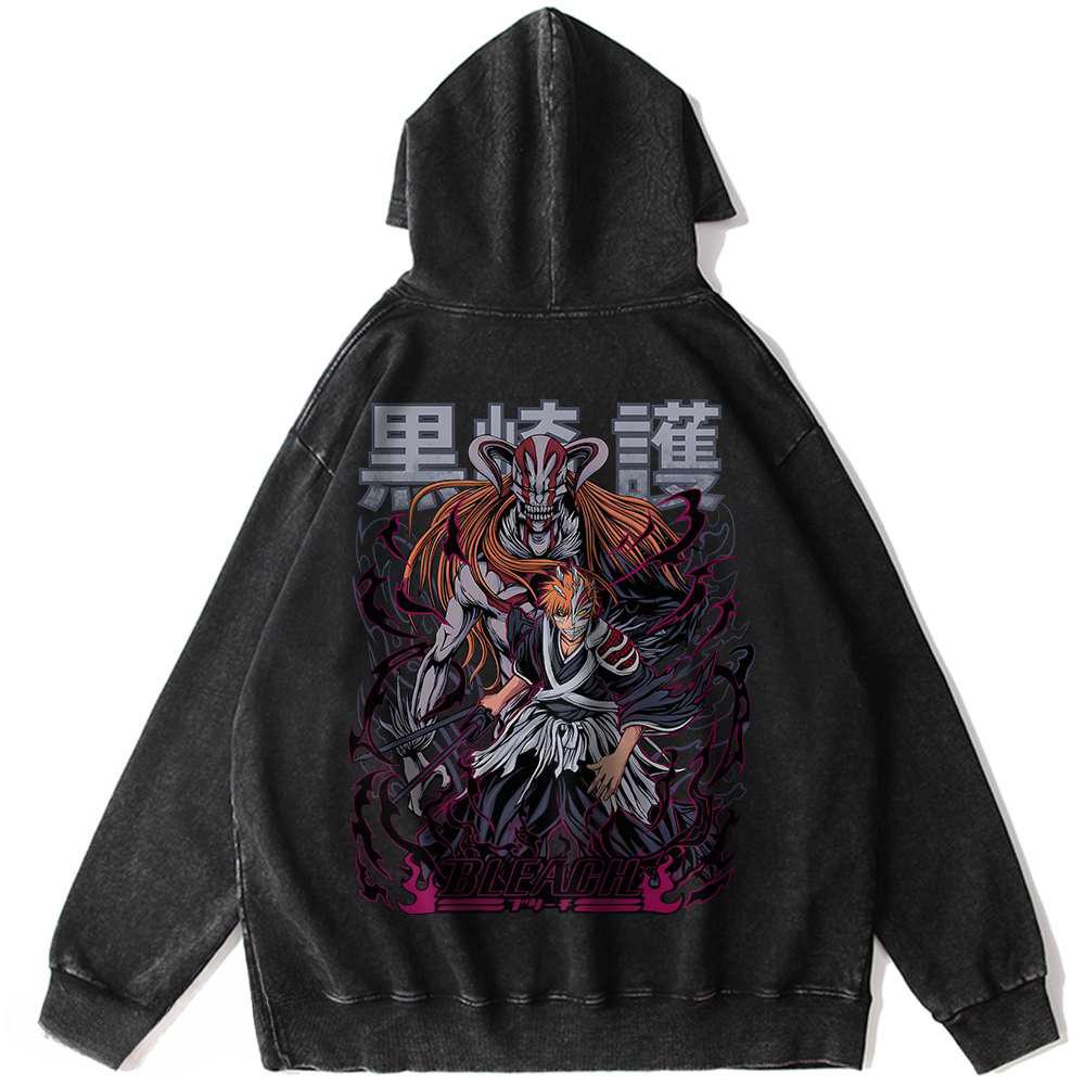 Kurosaki Ichigo Graphic Hoodies BLEACH Vintage Washed Oversized Hooded Sweatshirt Long Sleeves Cotton Hoodie Men Women Clothes