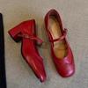 Fashion Ballet Marie Janes High Heels Shoes Women Square Toe Sandals Summer 2025 Shallow Retro Dress Trend Soft Leather Chunky Pumps