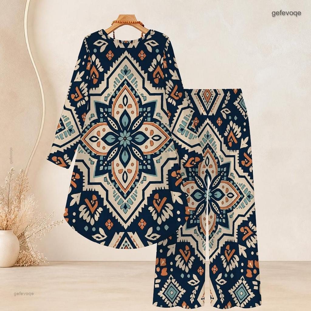 Women Plus Size Round Neck Long Sleeve Printed High Low Top Wide Leg Pants Two Piece Set