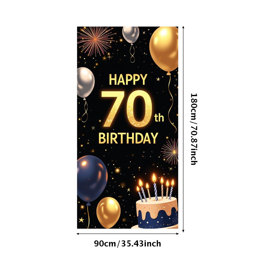 Happy 70th Birthday Banner Backdrop Black gold Birthday Party Decorations Photography Props Sparkle Balloon Background