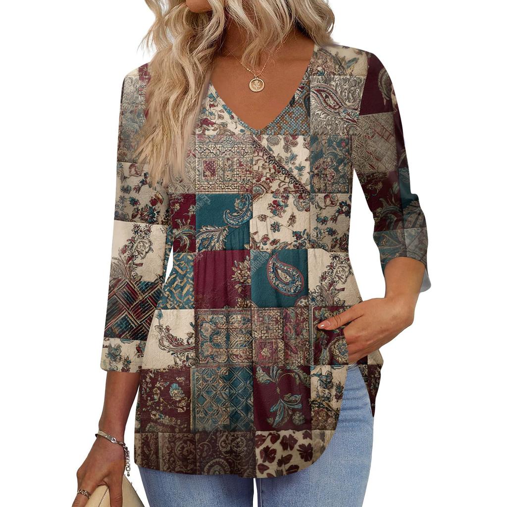 Women's T Shirt Print 3/4 Sleeve Fashion Basic V- Neck Regular Top