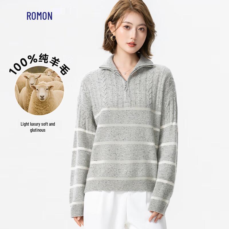 ROMON Damen 100% Merinowolle Reißverschluss Halboher Kragen Pullover