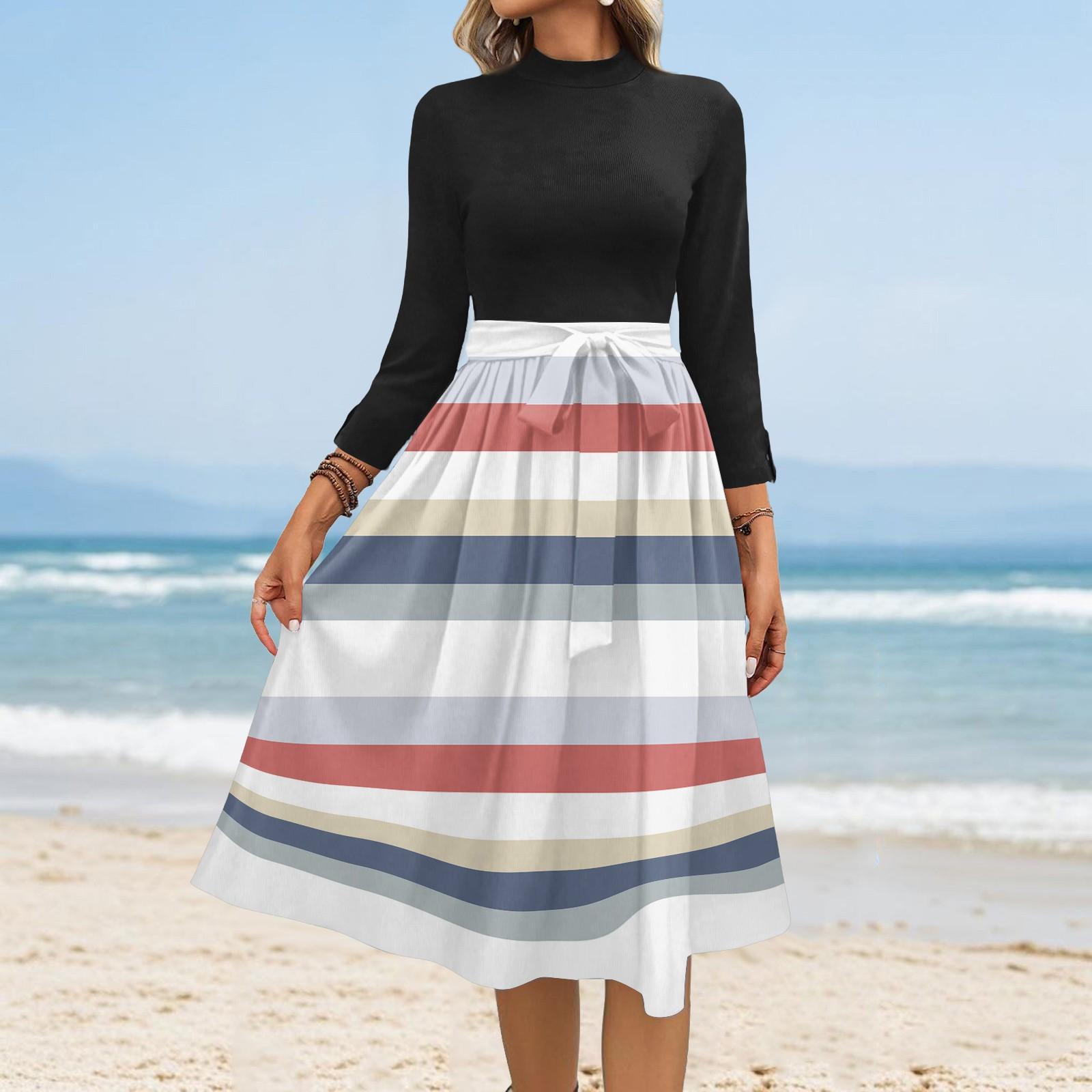 

Women s Fashion Casual Belt Seven Sleeve Round Neck Floral Temperament Dresses XXL