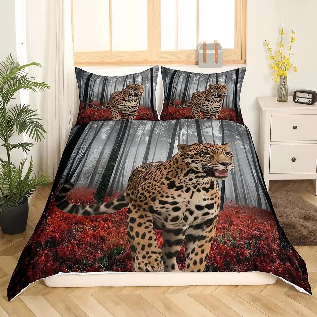 Set Copripiumino Leopardo King Copripiumino Ghepardo Feroce Copriletto Animale Selvatico Safari Decorazione Camera da Letto per Adolescenti Set Biancheria da Letto