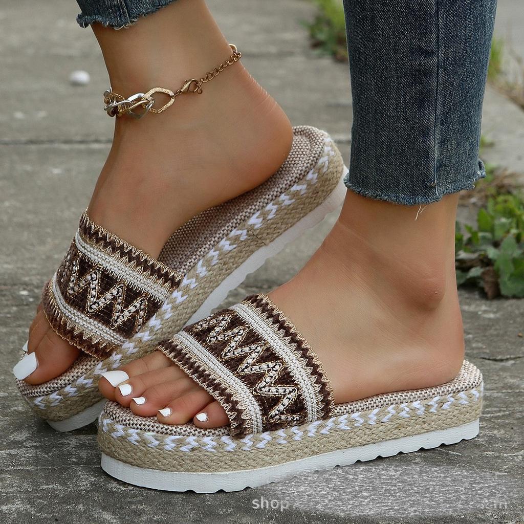 European and American Ethnic Style Foreign Trade Large Size Women Thick Bottom Fish Mouth Hemp Rope Candy Color Slippers New Manufacturers Wholesale