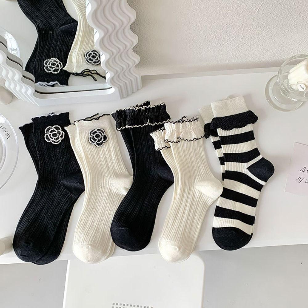 Autumn Soft Frilly Thick Trendy Ruffle Sweet Korean Style Socks Cotton Hosiery Middle Tube Women Camellia Socks