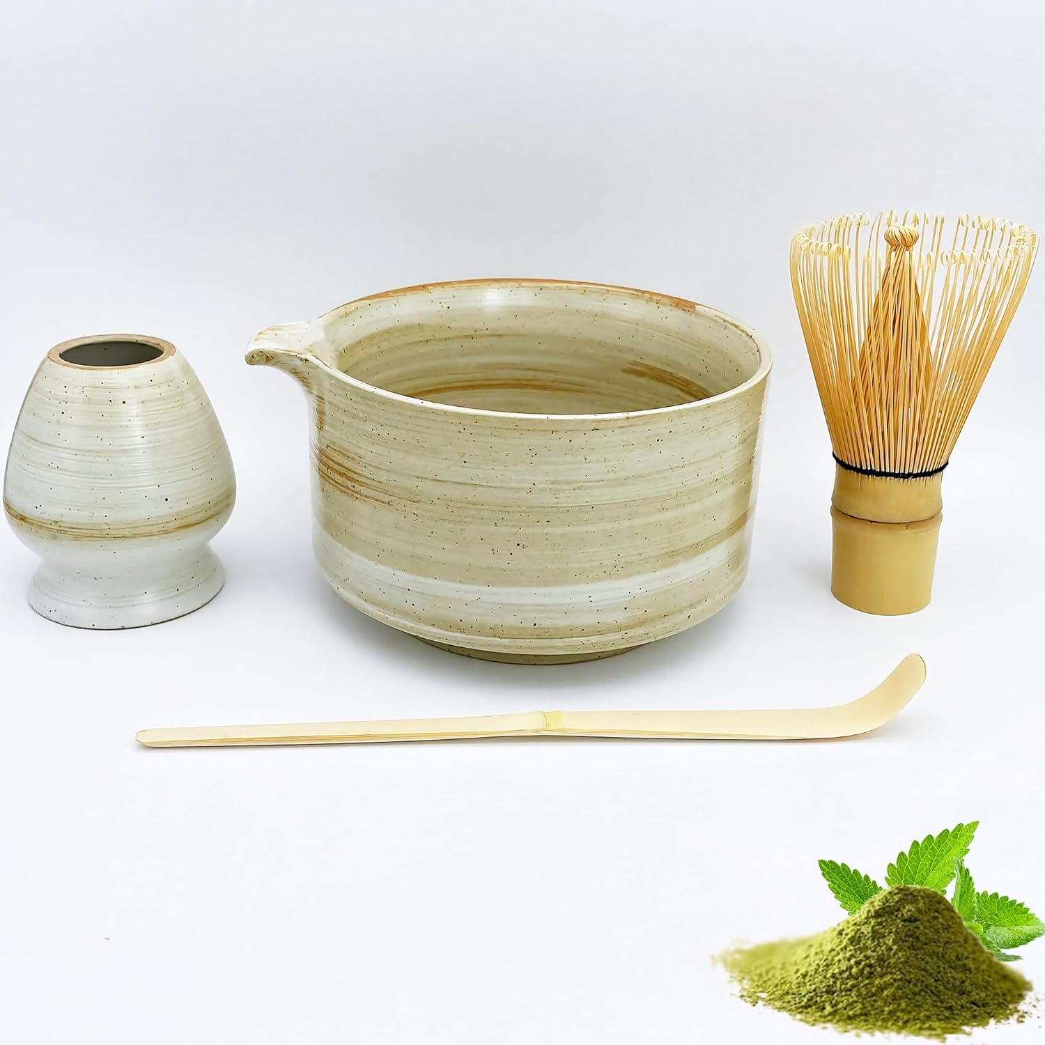 4pcs Matcha Set, Japanese Matcha Kit, Matcha Whisk Set with 17oz Matcha Bowl with Spout, Whisk Holder & Bamboo Scoop, Matcha Tea Set, Matcha Starter