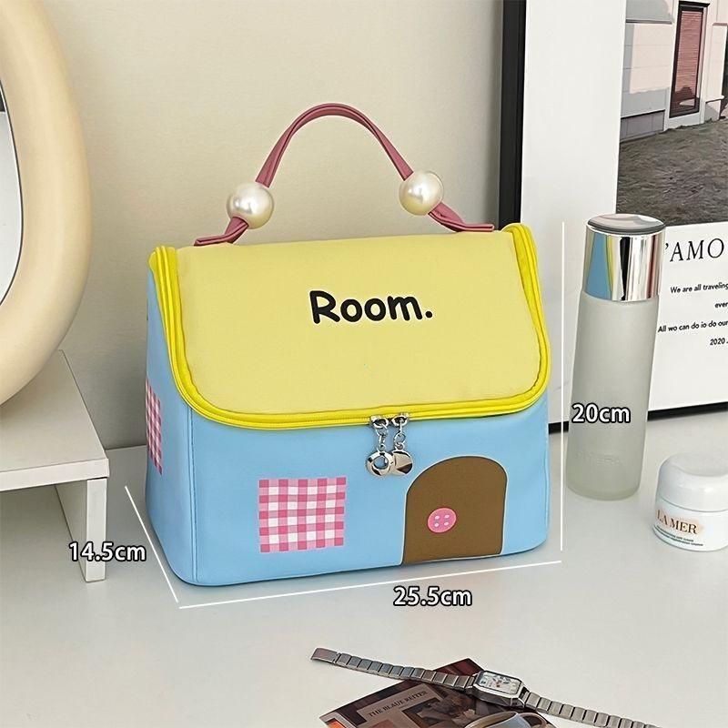

House-Shaped Bag: Portable Travel Cosmetic Bag with Niche Design & Cute Cartoon Pattern Purse New Style Large-Capacity Stylish синий