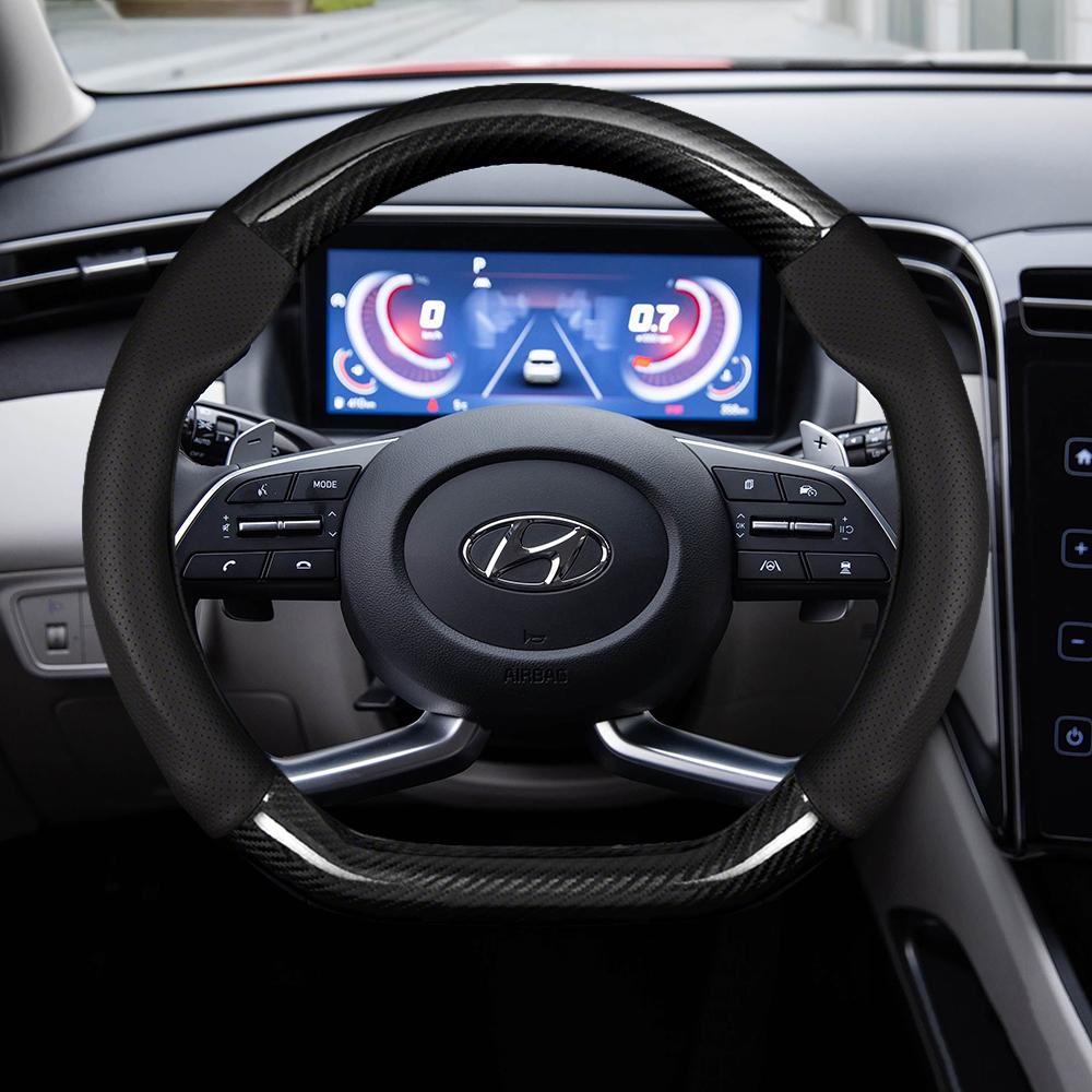 For Hyundai I30 I20 I10 Tucson Elantra Avante Kona Ix35 Ix25 Grand Elantra Solaris Carbon Fiber Leather Car Steering Wheel Cover
