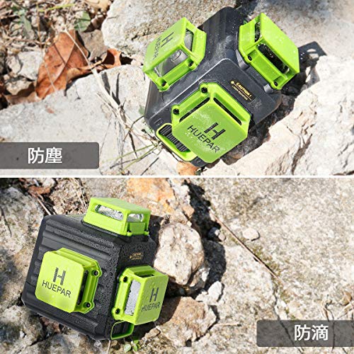 Huepar 3x360° Green Laser Level with Cross Line, Large Square, Full Line Illumination, Automatic Correction, Dual Power Supply, Type-C Rechargeable, R