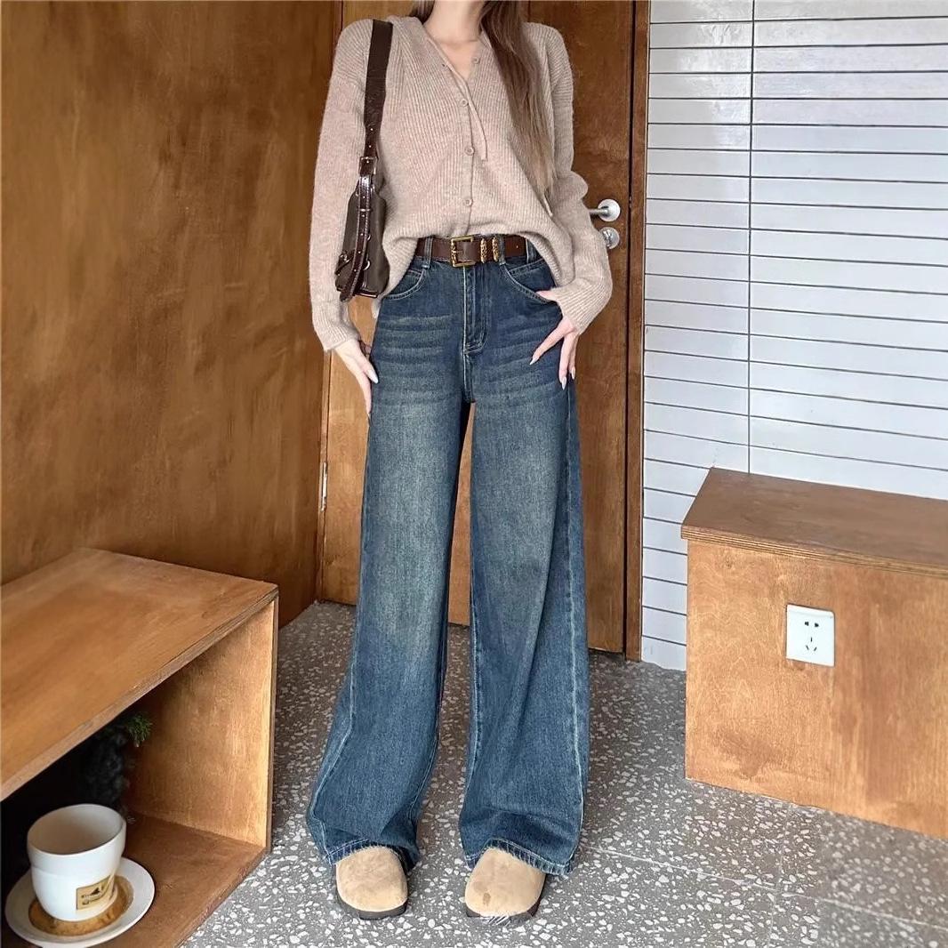 

Retro High Street Women s Washed Distressed Wide-Leg Jeans - Spring Korean Style XL темно-синього кольору