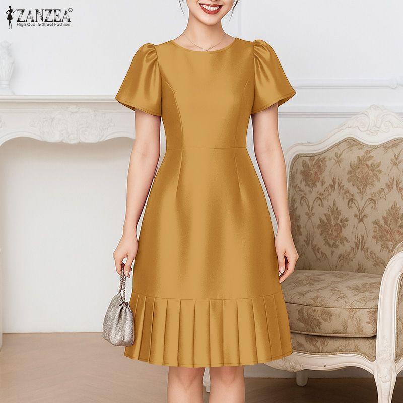 ZANZEA Women Casual Round Neck Summer Short Sleeve Satin Dress