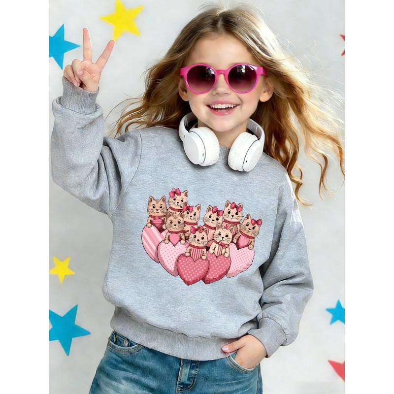 A Cute Cat Print Pattern Sweatshirt for Girls, Designed for Spring And Autumn, Featuring a Comfortable And Easy Style