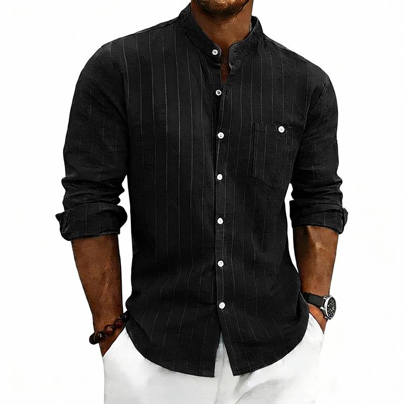 Mens Striped Linen Blend Stand Collar Long Sleeve Casual Shirt With Pockets