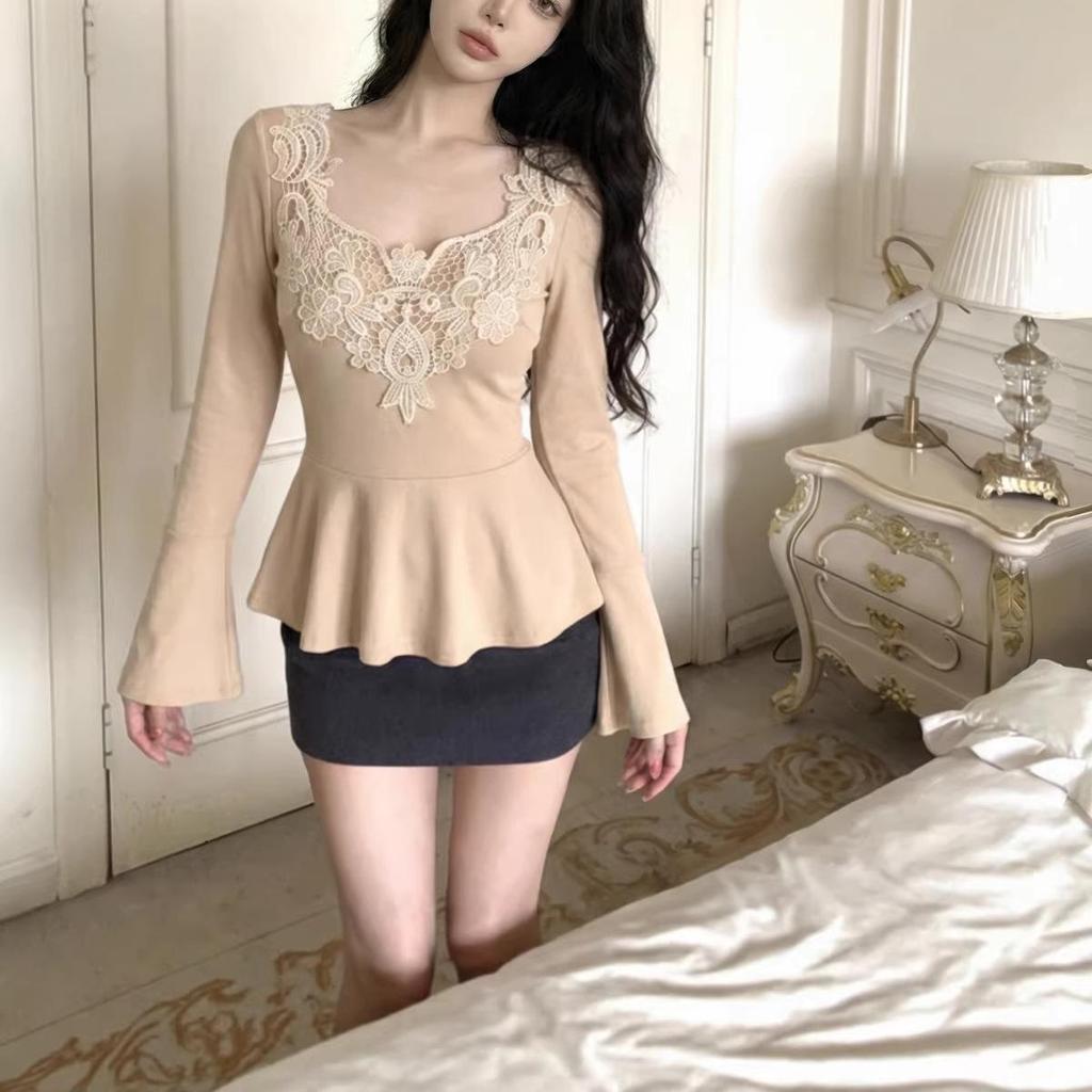 European and American Style Ruffle Hem Long Sleeve T-shirt