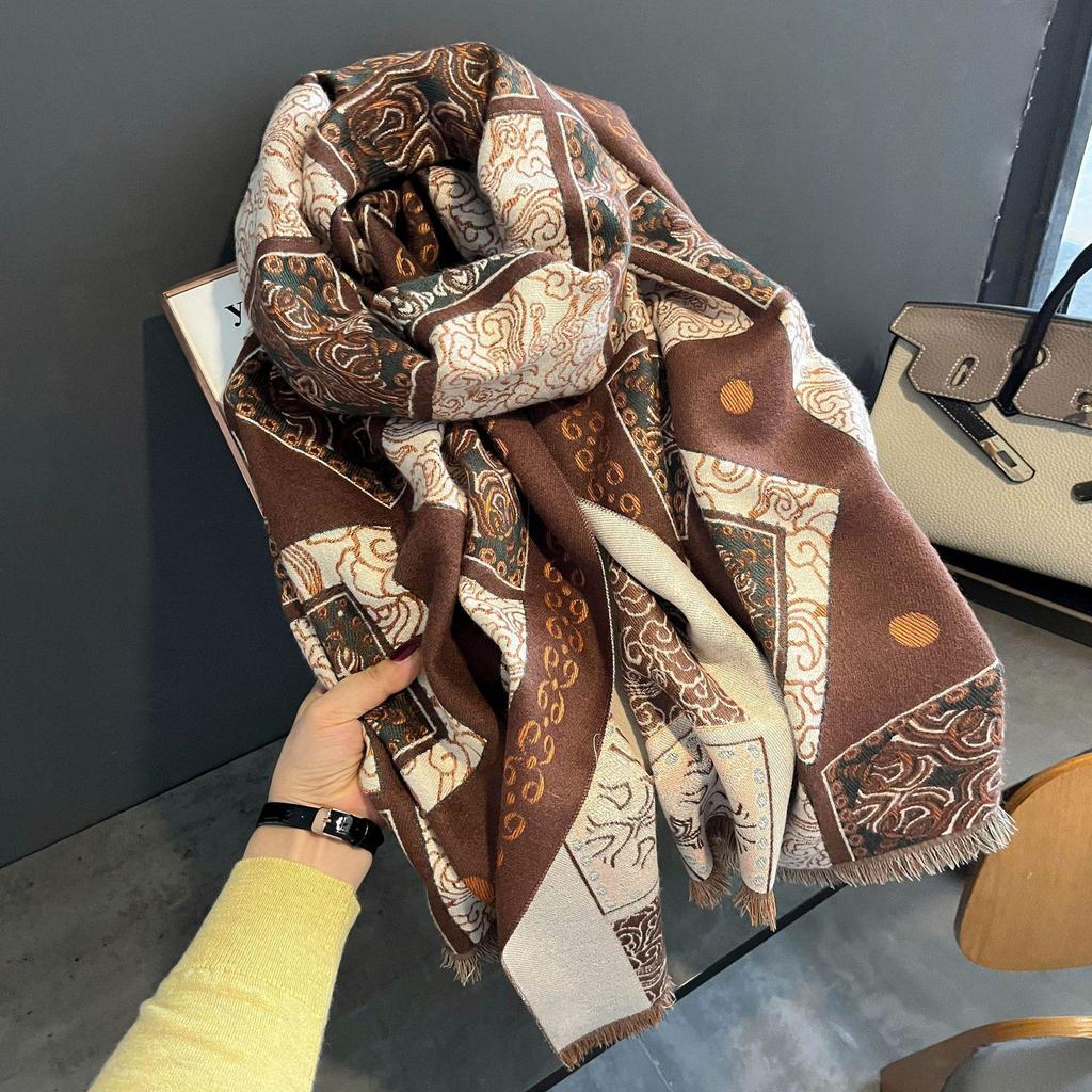 Imitation Cashmere Scarf Women's Autumn and Winter New Retro Totem Shawl Thickened Warm Loose Beard Scarf