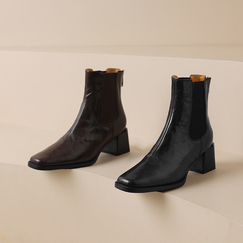 Krazing Pot Sheep Skin Square Toe Winter Med Heels Chelsea Boots Women Zipper Retro Fashion Leisure Ankle Boots