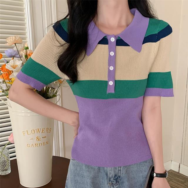 Větrný studentský super horký barevný pletený svetr s POLO límcem nadměrné velikosti dámské letní tričko s krátkým rukávem