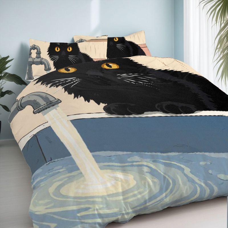 3Pcs Bedding Pillowcase Quilt Cover Set Cartoon Style Black Cat 2D Digital Printing Suitable For Bedroom Hotel Dormitory Decor