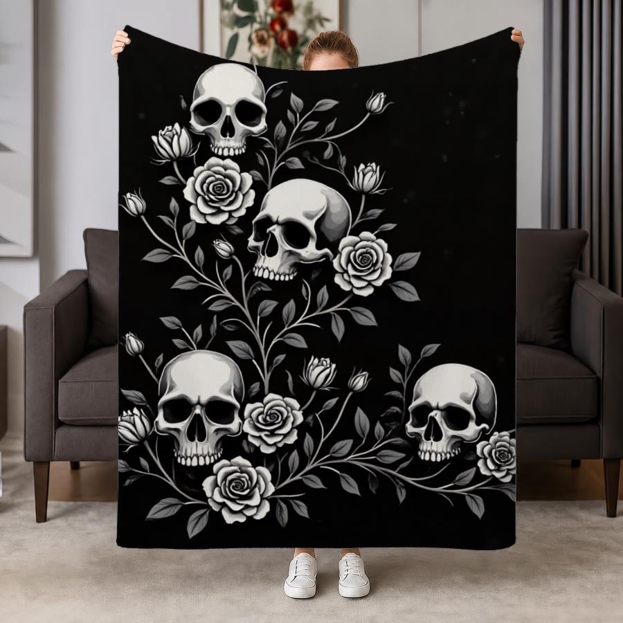 Gothic Skull Rose Flannel Blanket - Soft Warm Solid Color Design, Ideal for Sofa Bed Office Travel, Vintage Tattoo Style Gift, Machine Washable Heavy