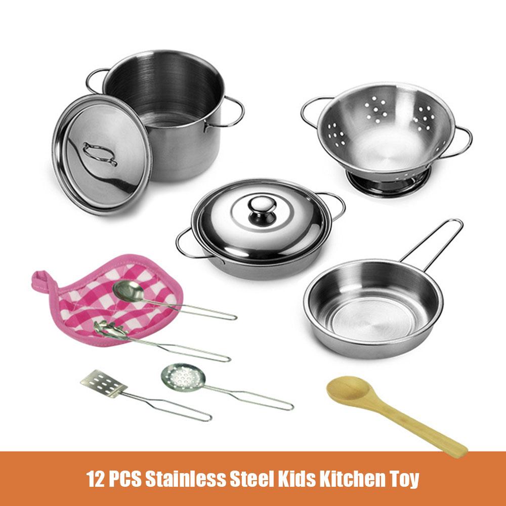 12 PCS Kitchen Set Pretend Play with Storage Bag Simulated Kitchen Toy Stainless Steel Soup Pot Pan