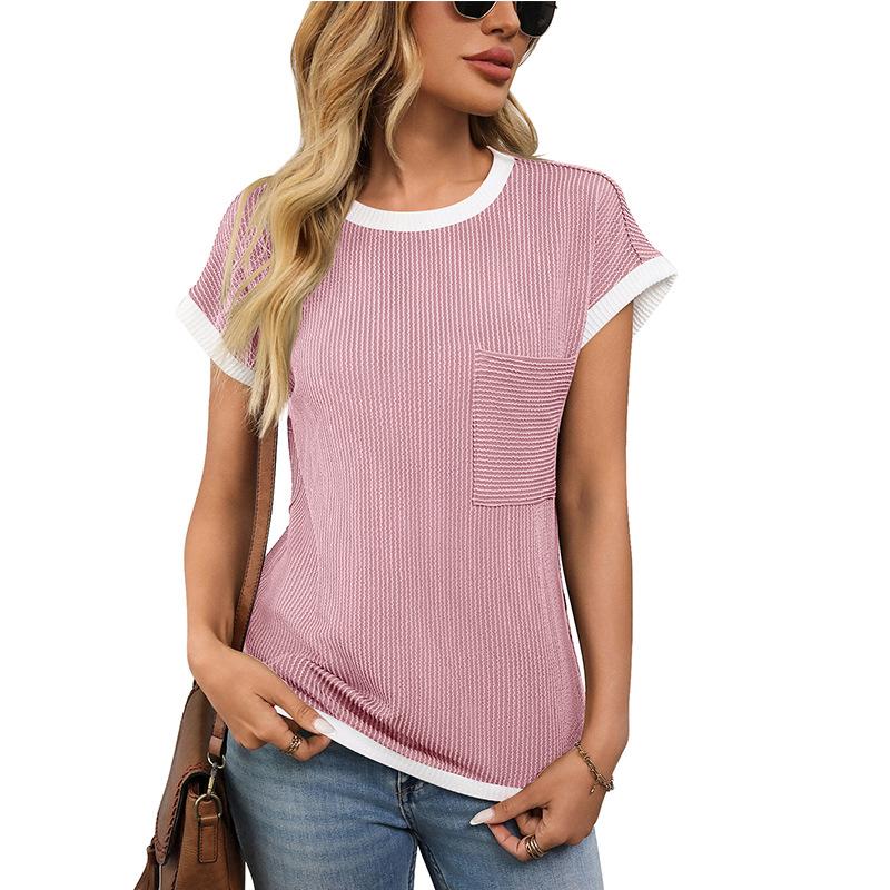 Ladies Summer Short Sleeve O Neck Solid Color Pullover Knitted T Shirt Top