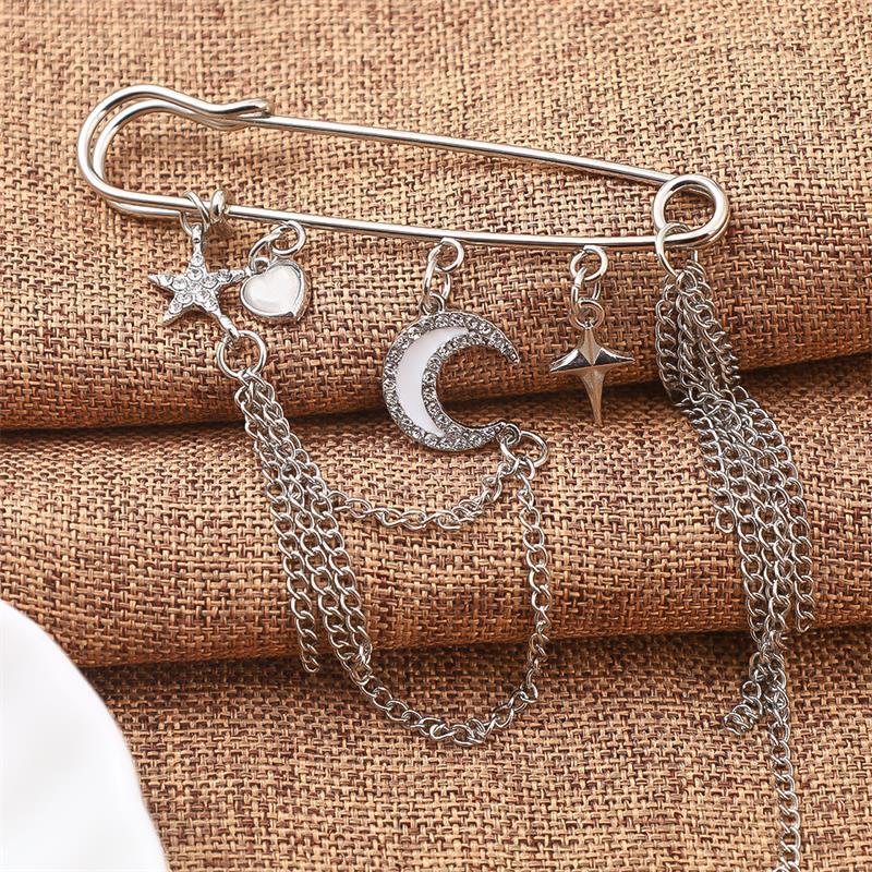 Schmuck Retro Diamant Stern Mond Sichel Kette Quaste Broschen Elegant Damen Kleidung Dekor Zubehör Tasche Anhänger Anzugnadeln