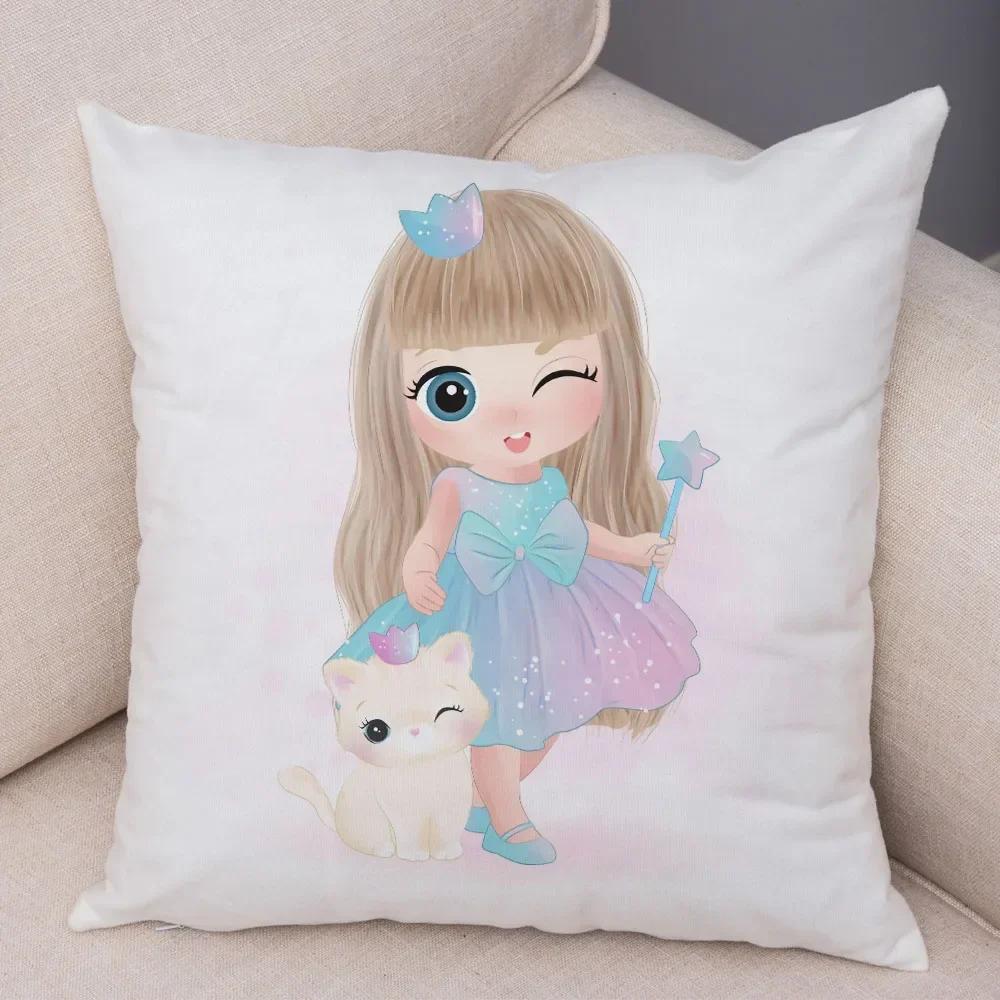 Cute Cartoon Girl and Cat Cushion Cover for Children Room Sofa Home Car Decor Lovely Child Pillow Case Plush Pillowcase 45x45cm