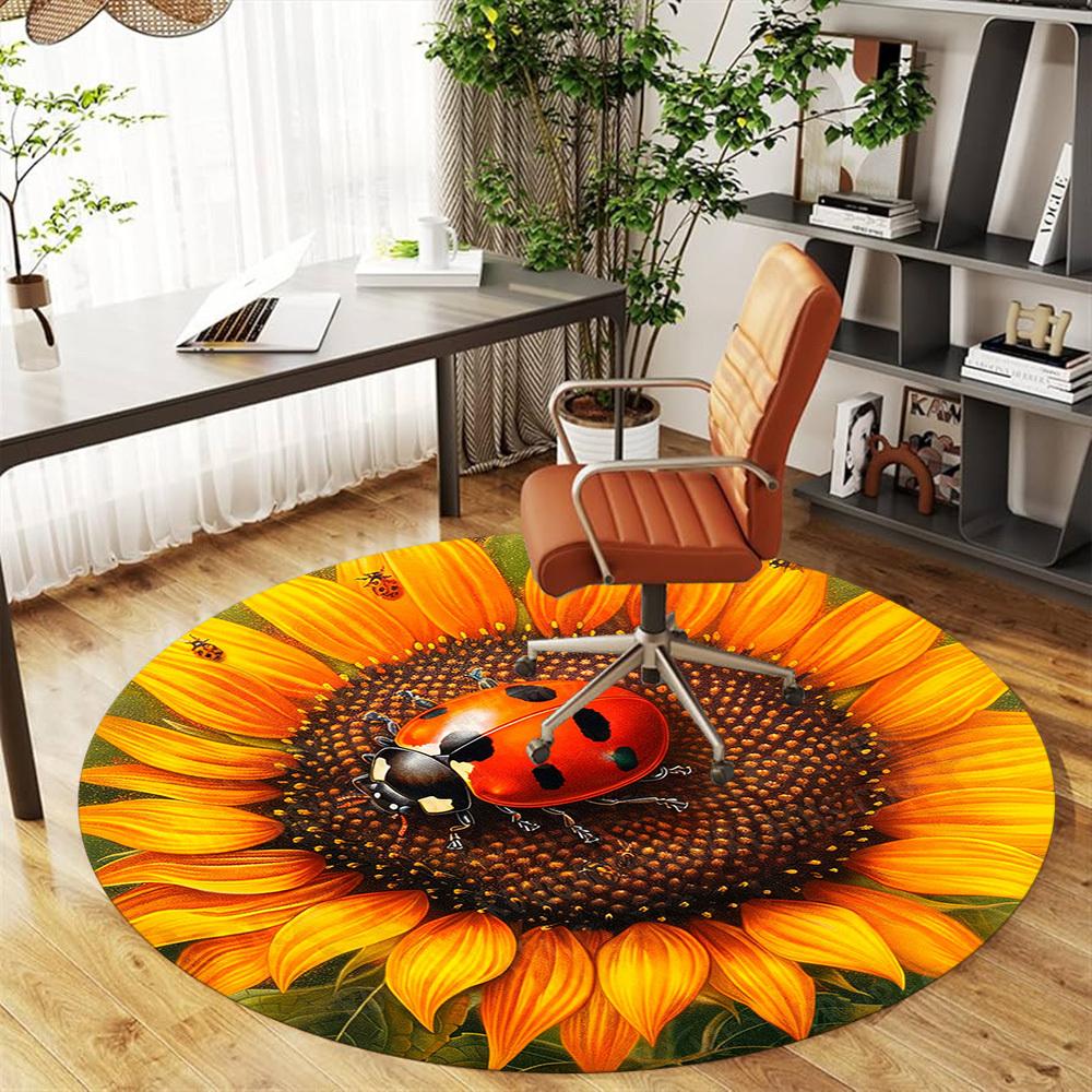 1 Stück Marienkäfer Sonnenblume Büro Runder Teppich, Unter Bürostühlen Schlafzimmer Wohnzimmer Heimdekoration, Teppich für Büro -1110047