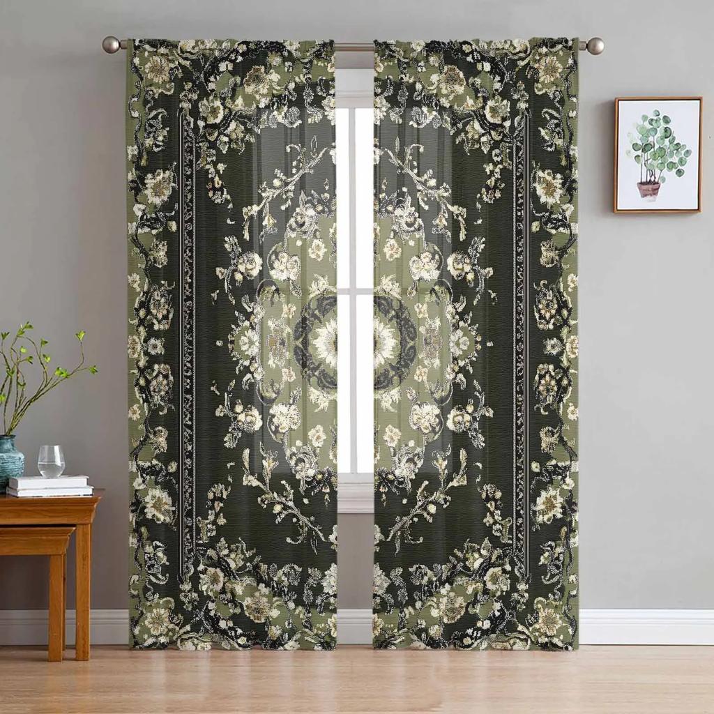 Retro Medieval Turkish Pattern Tulle Curtains For Living Room Kitchen Decoration Chiffon Window Treatments Voile Sheer Curtain