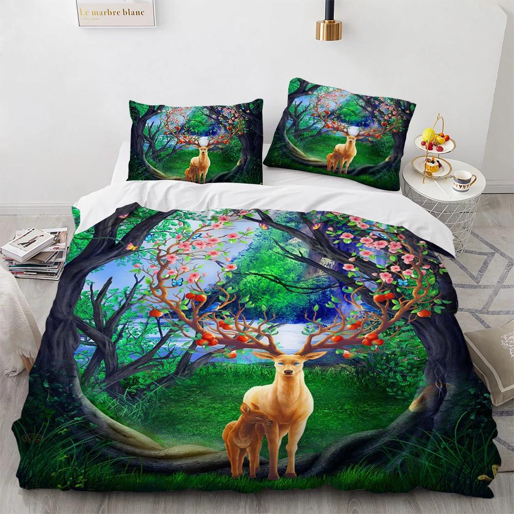 Cartoon Elk Duvet Cover King Queen Size Golden Deer Pattern Bedding Set for Teens Adults Wild Buck Quilt Cover with Pillowcase