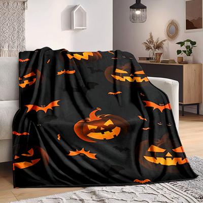 1pc Pumpkin Bat Print Blanket - Lightweight Flannel Throw Blanket For Sofa, Bed, Living Room, Office, Outdoor Travel, Camping, Soft All-Season070