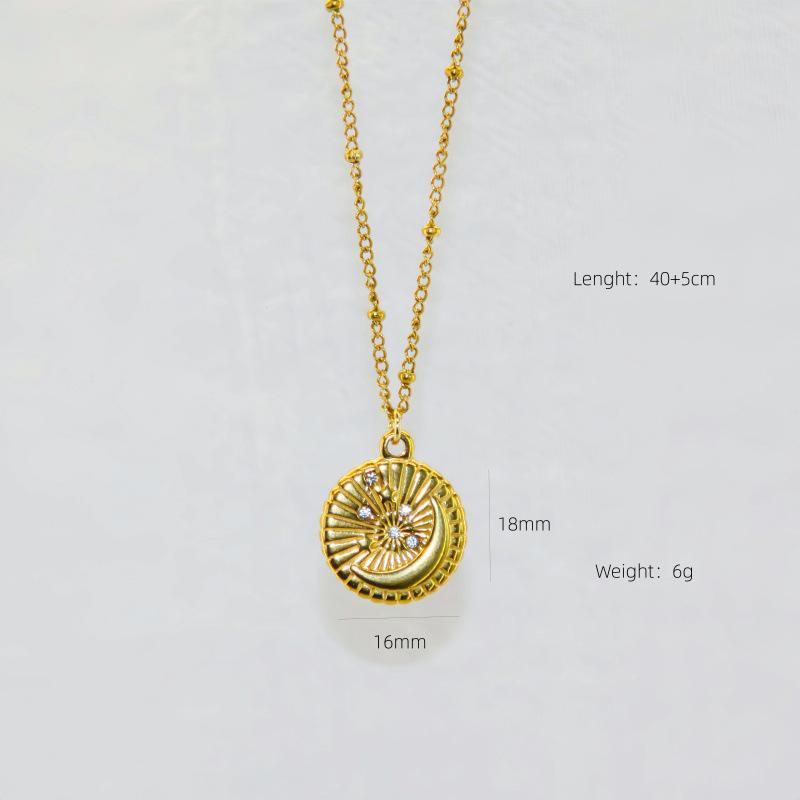 European & American Retro Sun Ray Small Round Pendant Necklace - Women's Simple Stainless Steel Clavicle Chain