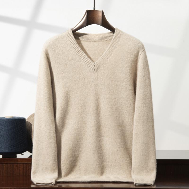 Men's Seven-Needle Cashmere V-Neck Sweater, Double-Strand Thickened, Soft Knit Base Layer for Autumn/Winter.
