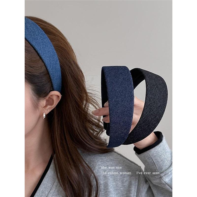 Retro Denim Blue Wide Headband Women High Cranial Top Face Washing Anti Slip Hair Hoop Daily Hair Accessories