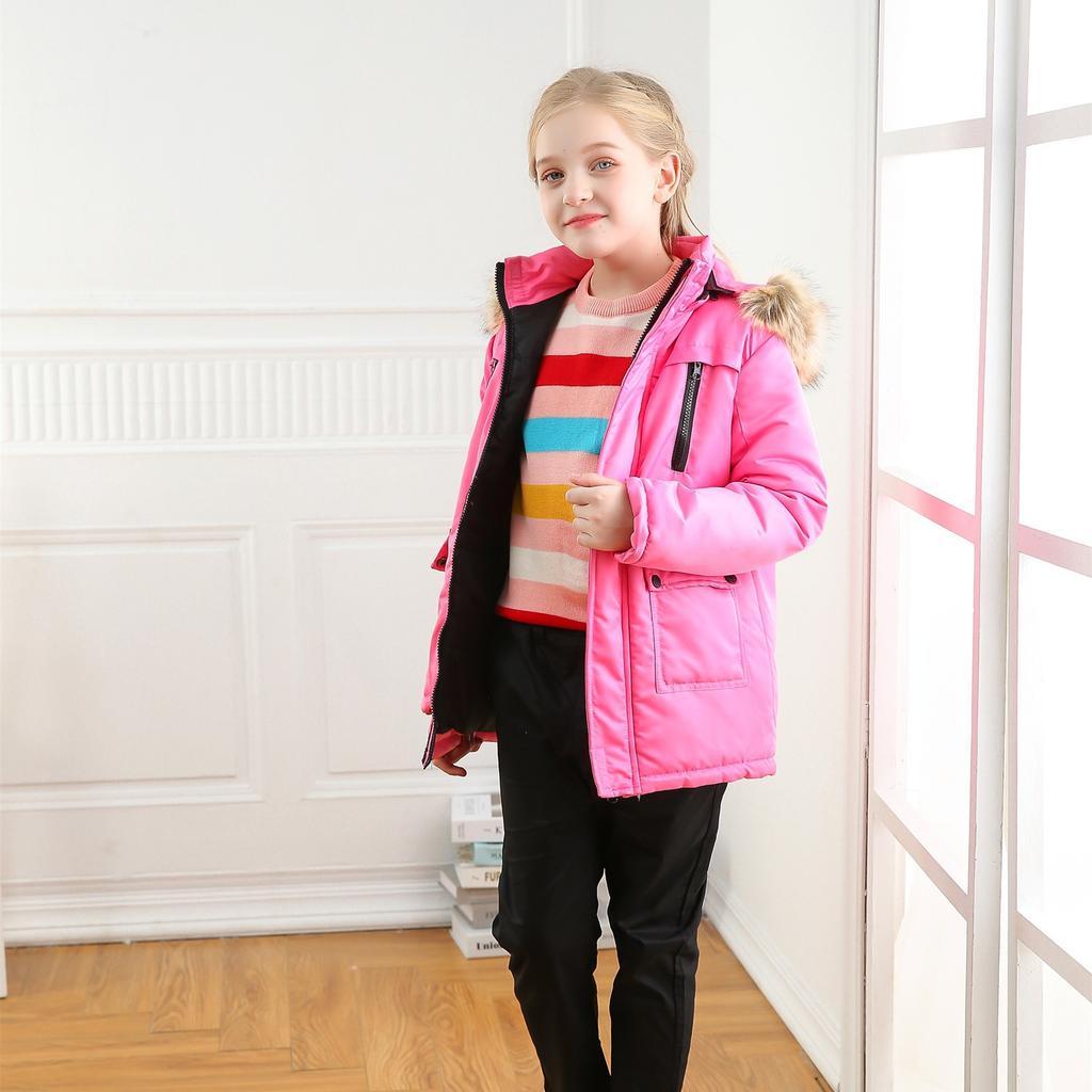 Middle and Big Children's Cotton Jacket Solid Color Thickened Warm Rushing Jacket Boys and Girls Hair Collar Removable Hooded Jacket