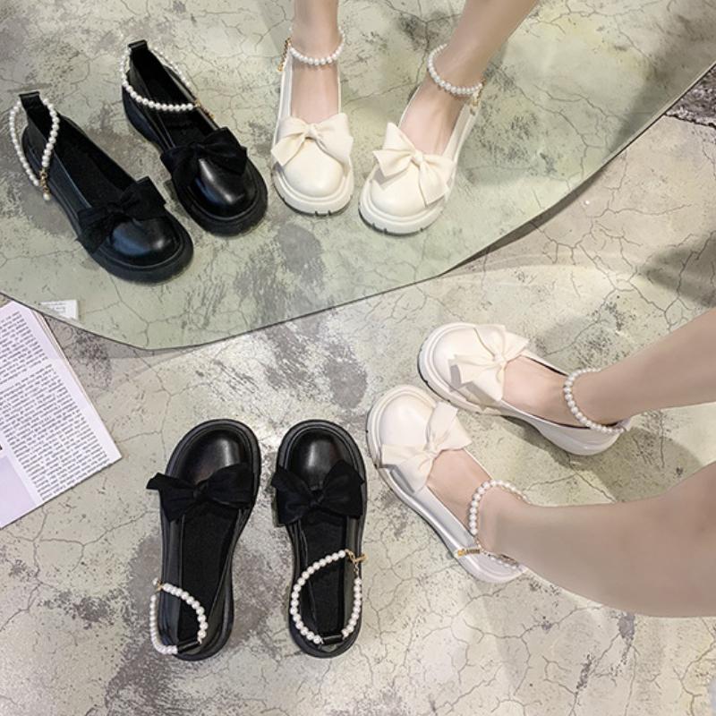 Trendy Luxury with Follow-up Shoes 2024 Spring Autumn New Soft Soled Butterfly Knot Decoration Pearl Chain Small Leather Shoes
