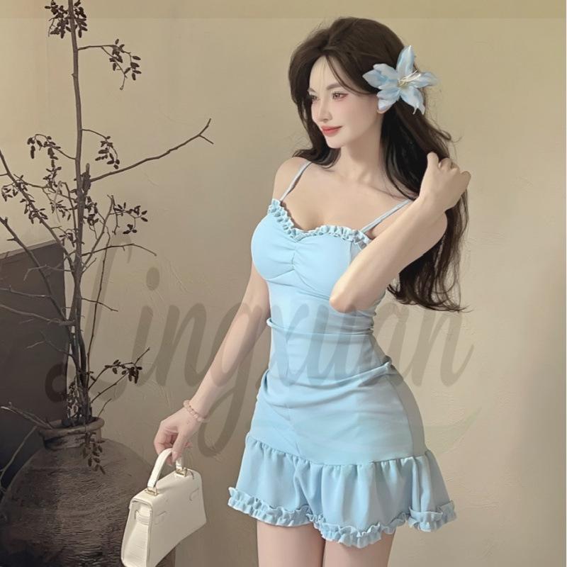 Sultry Spaghetti Strap Ruffle Bodycon Dress Extra Large синий