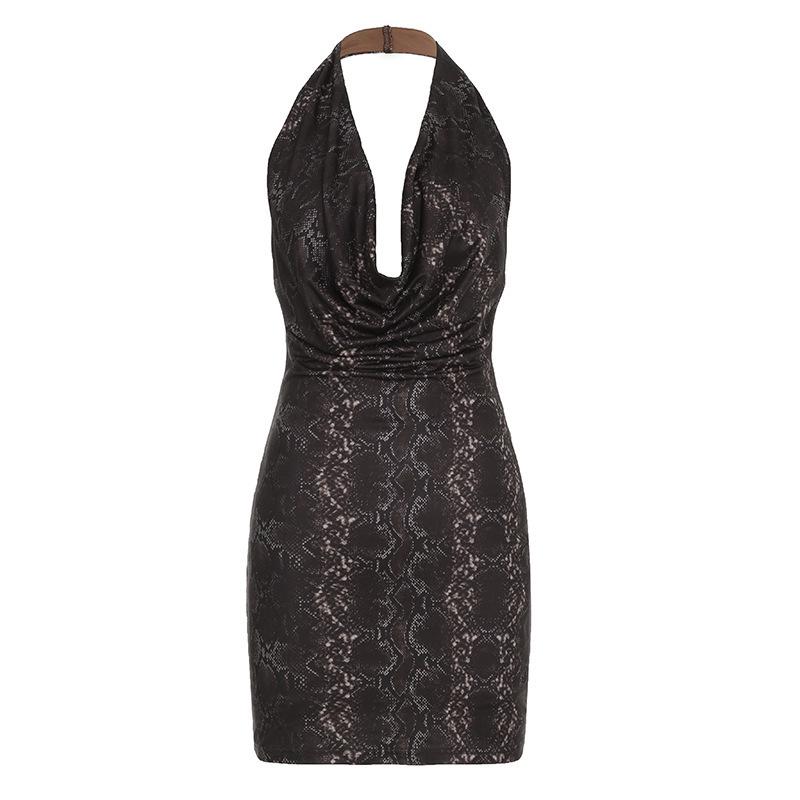 European & American Sexy Animal Print Halter Neck Bodycon Dress Small