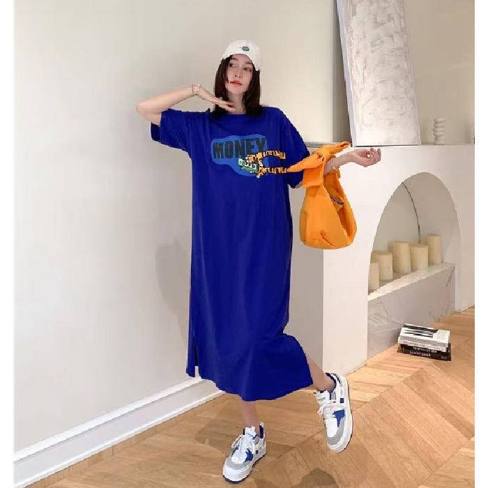 Korean Style Summer Slit Print T-Shirt Dress for Women - Loose, Slimming, Short Sleeve, Oversized Nightdress