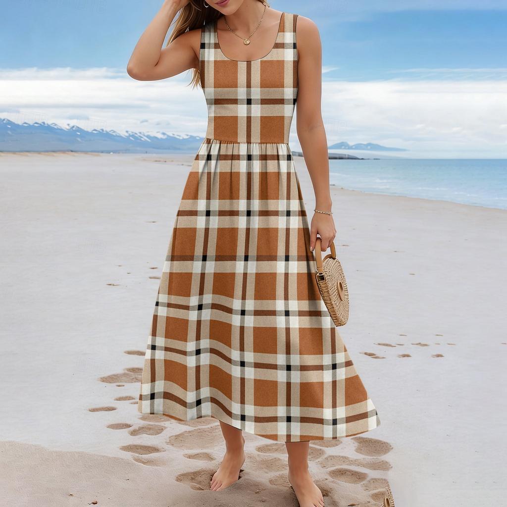 Ladies' Checkered Summer Casual and Fashionable Sleeveless Long Dress