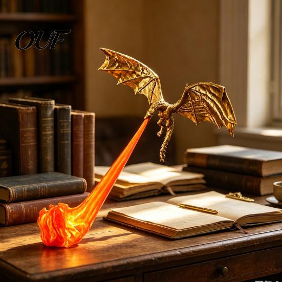 Durable PLA Dragon Model 3D Printed Fire-Breathing Bookshelf Decor, Fantasy Nook Light, Flying Figurine Theme Display with Flame, Halloween Shelf for