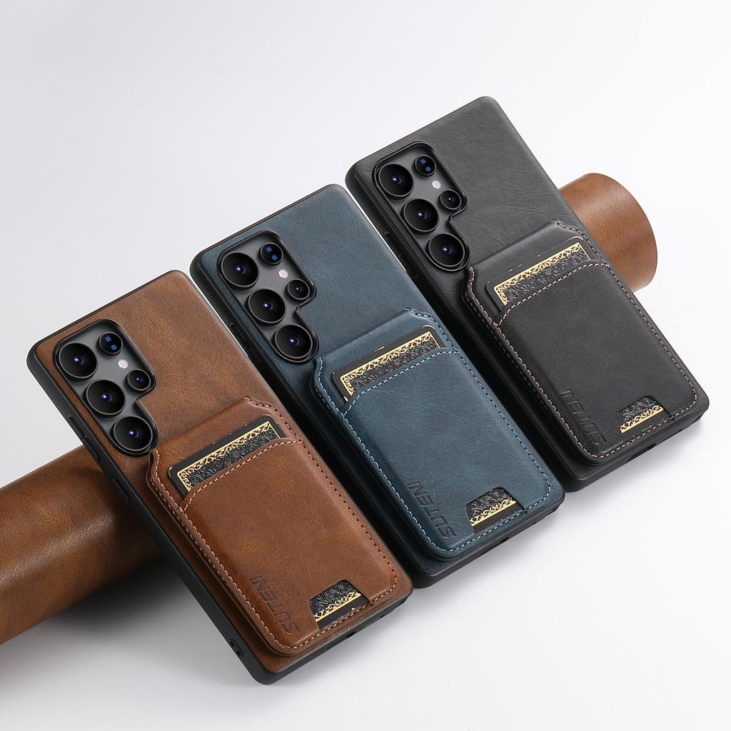 Luxury Faux Leather Oil Wax Smooth Surface Phone Case Card Holder Stand for Samsung Galaxy S26 Ultra S25 Plus S24 S23 S22