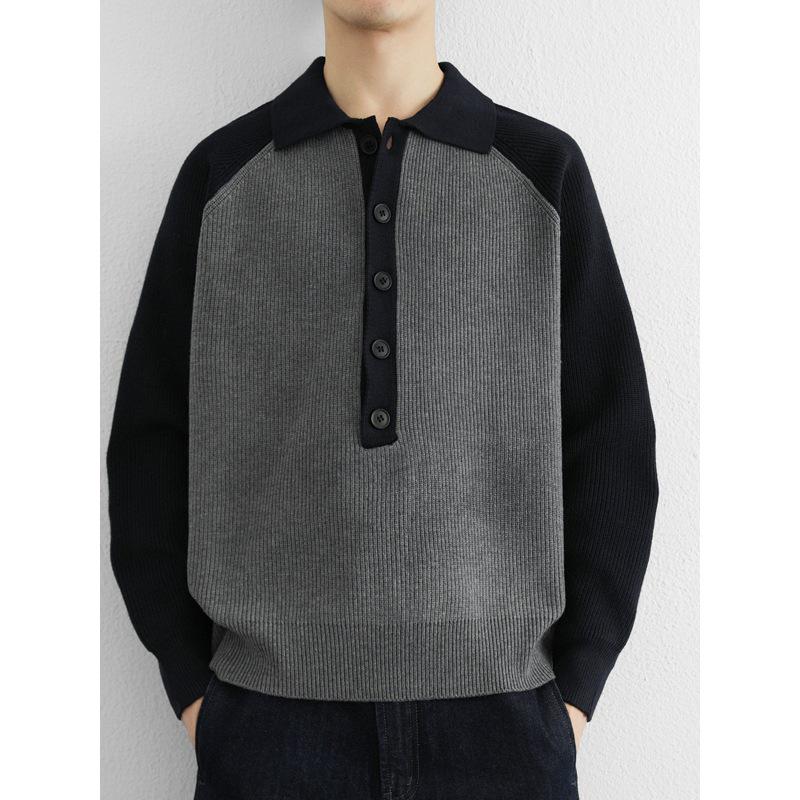 Men's 2025 Color-Block Knit Sweater Coat: Trendy Autumn/Winter Loose, Lazy Style with Half-Button and Turn-Down Collar