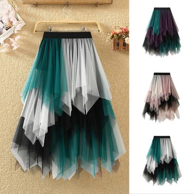 Women Tulle Skirt High Waist Pleated Skirt Asymmetrical Women Skirt Contrast Color